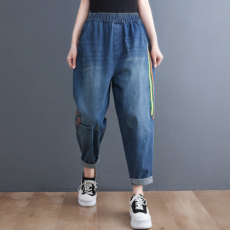 Striped and Checked Patchwork Denim Easy Pants