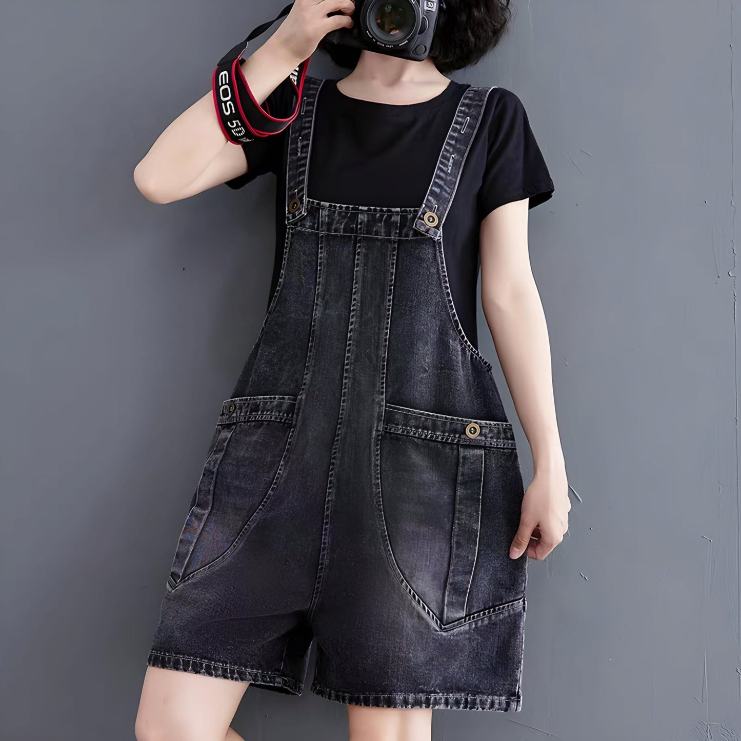 Black Women Short Denim Overall Jumpsuit